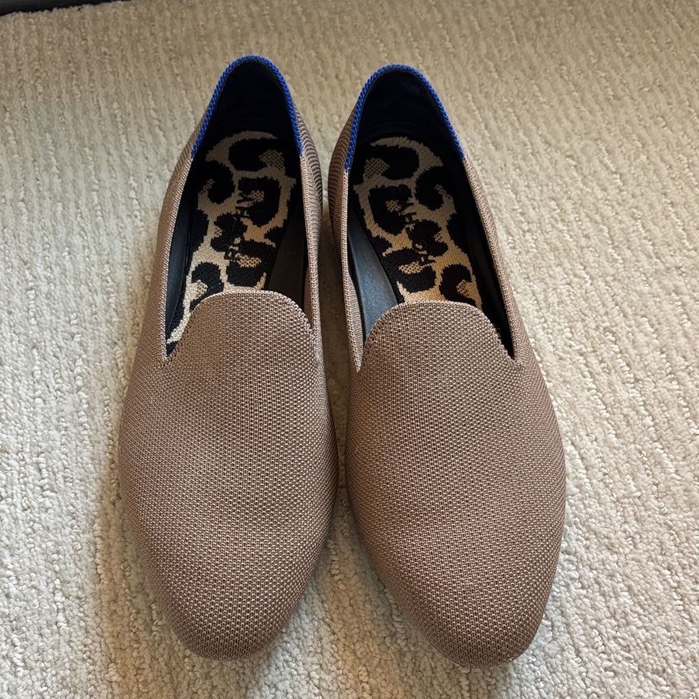 Rothy's Taupe Slip-On Flats with Blue Trim